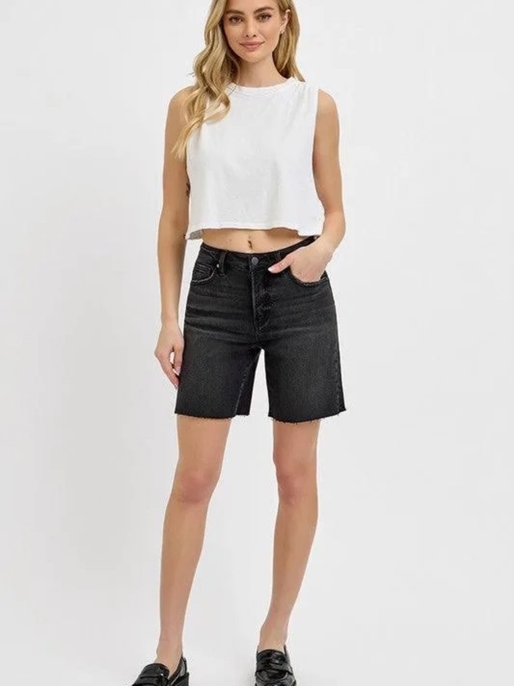 High-Rise Black Denim Bermuda Length Shorts with Tummy Control